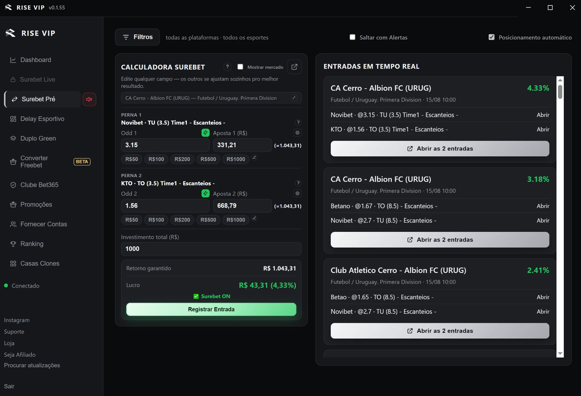 Tela Surebet Pré do software Rise com calculadora e entradas em tempo real